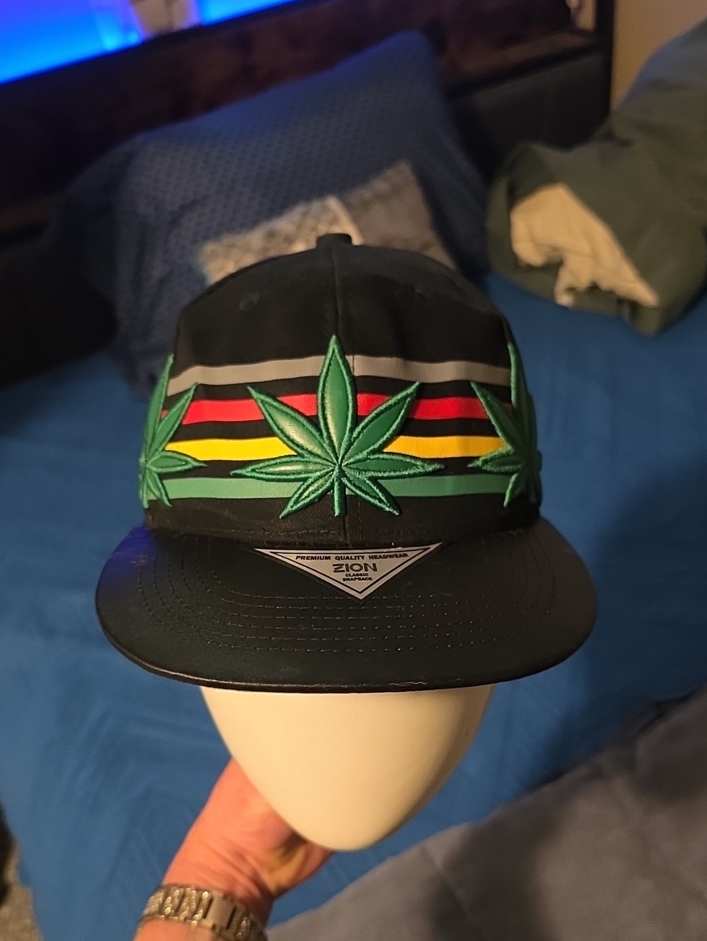 Black Snapback Hat with Green Leaf Embroidery